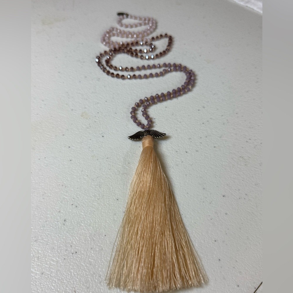 Angel Wings Zacasha Long Boho Faceted Crystal Tassel Necklace Pink White Beads